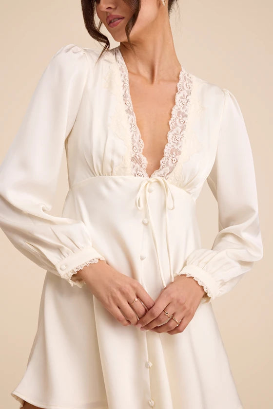Ivory Satin with Lace Trim A-Line V-Neck Zipper Back Mini Dress - Aabei Dress