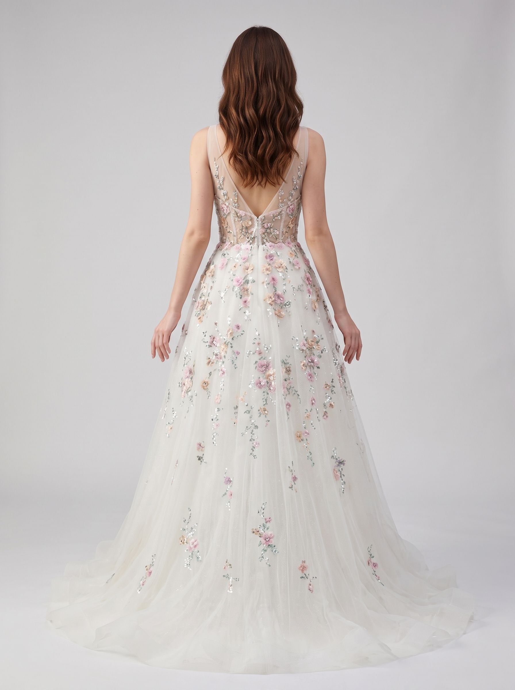 Ivory Tulle A-line Plunging V-Neck V-Back Floor-Length Dress Back View - Aabei Dress