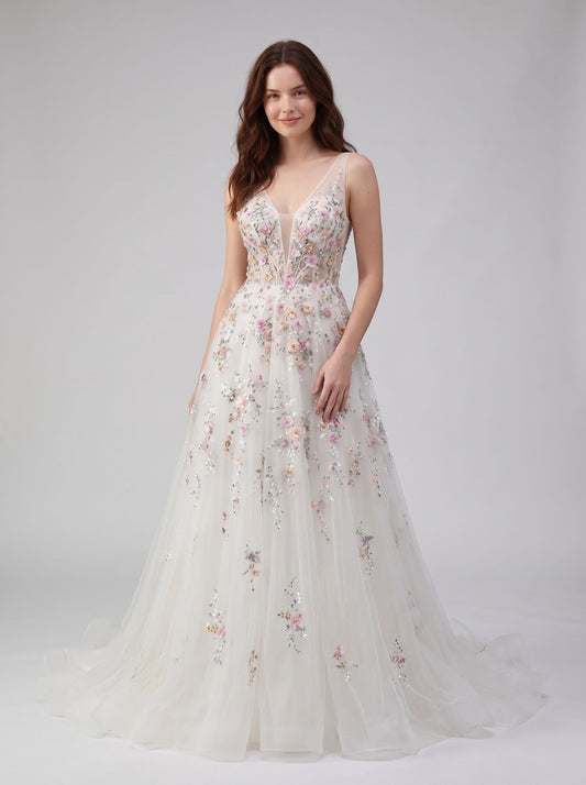 Ivory Tulle A-line Plunging V-Neck V-Back Floor-Length Dress - Aabei Dress