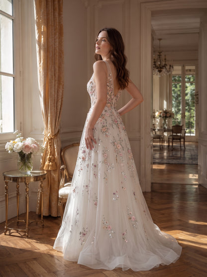 Ivory Tulle A-line Plunging V-Neck V-Back Floor-Length Dress - Aabei Dress