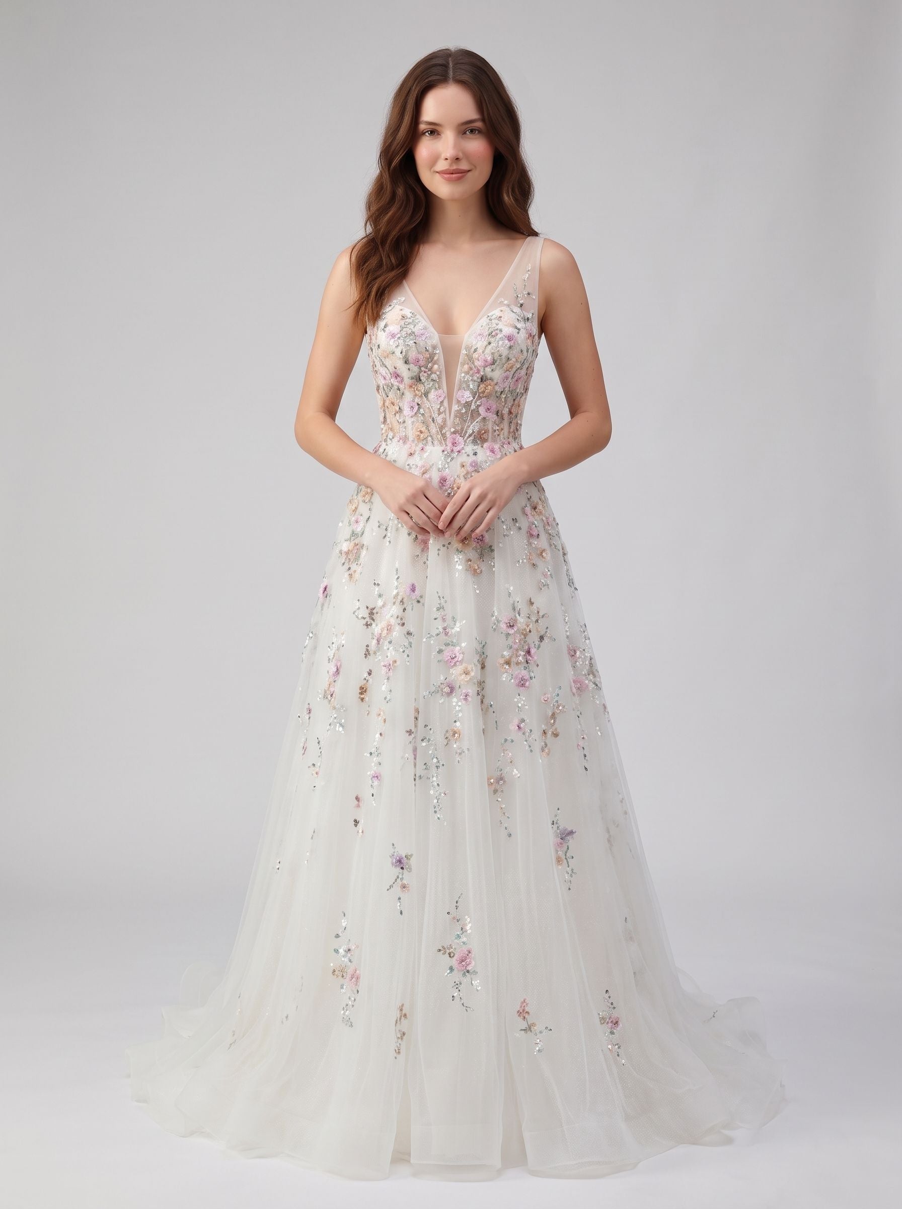 Ivory Tulle A-line Plunging V-Neck V-Back Floor-Length Dress - Aabei Dress