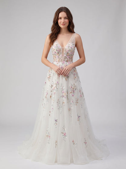 Ivory Tulle A-line Plunging V-Neck V-Back Floor-Length Dress - Aabei Dress
