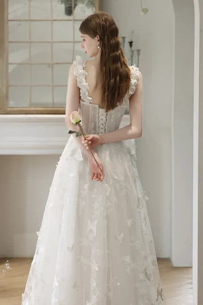 Ivory Tulle A-Line Sweetheart Lace-Up Back Floor-Length Dress Back View - Aabei Dress