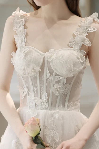 Ivory Tulle A-Line Sweetheart Lace-Up Back Floor-Length Dress - Aabei Dress