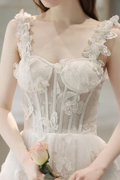 Ivory Tulle A-Line Sweetheart Lace-Up Back Floor-Length Dress - Aabei Dress