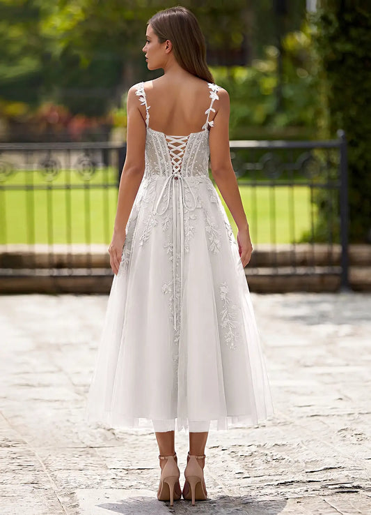 Ivory Tulle A-Line Sweetheart Lace-Up Back Tea-Length Dress Back View - Aabei Dress