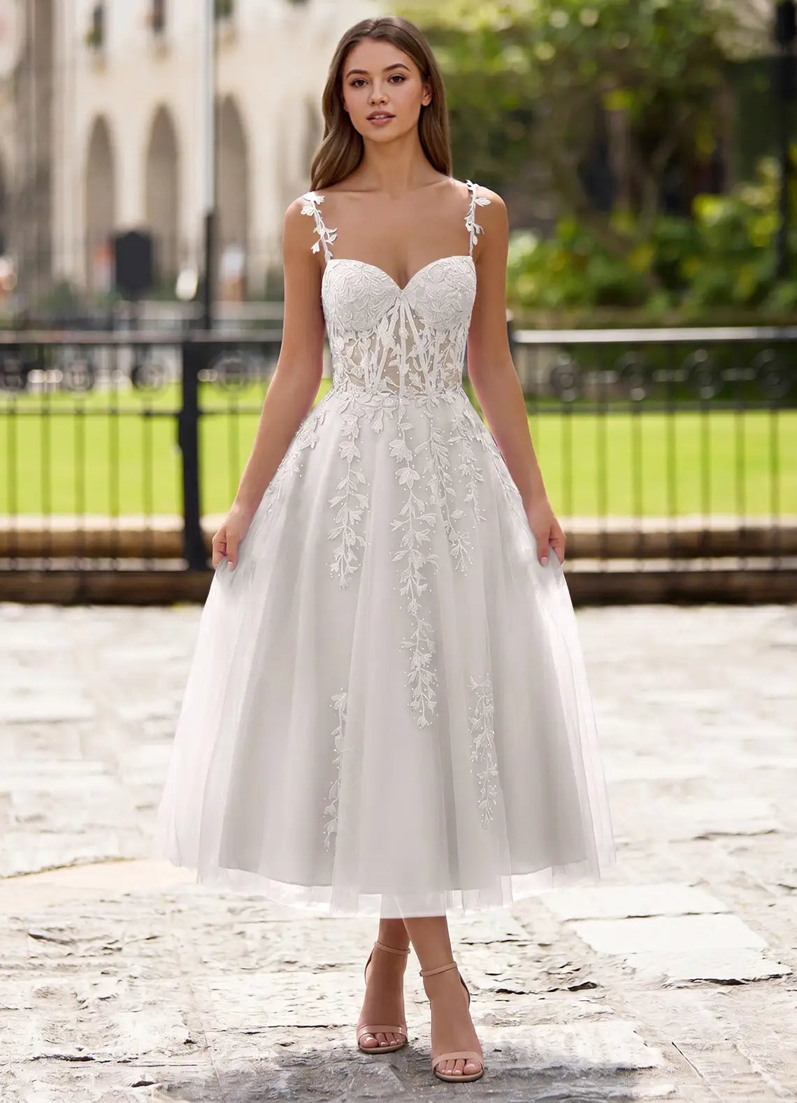 Ivory Tulle A-Line Sweetheart Lace-Up Back Tea-Length Dress Front View - Aabei Dress