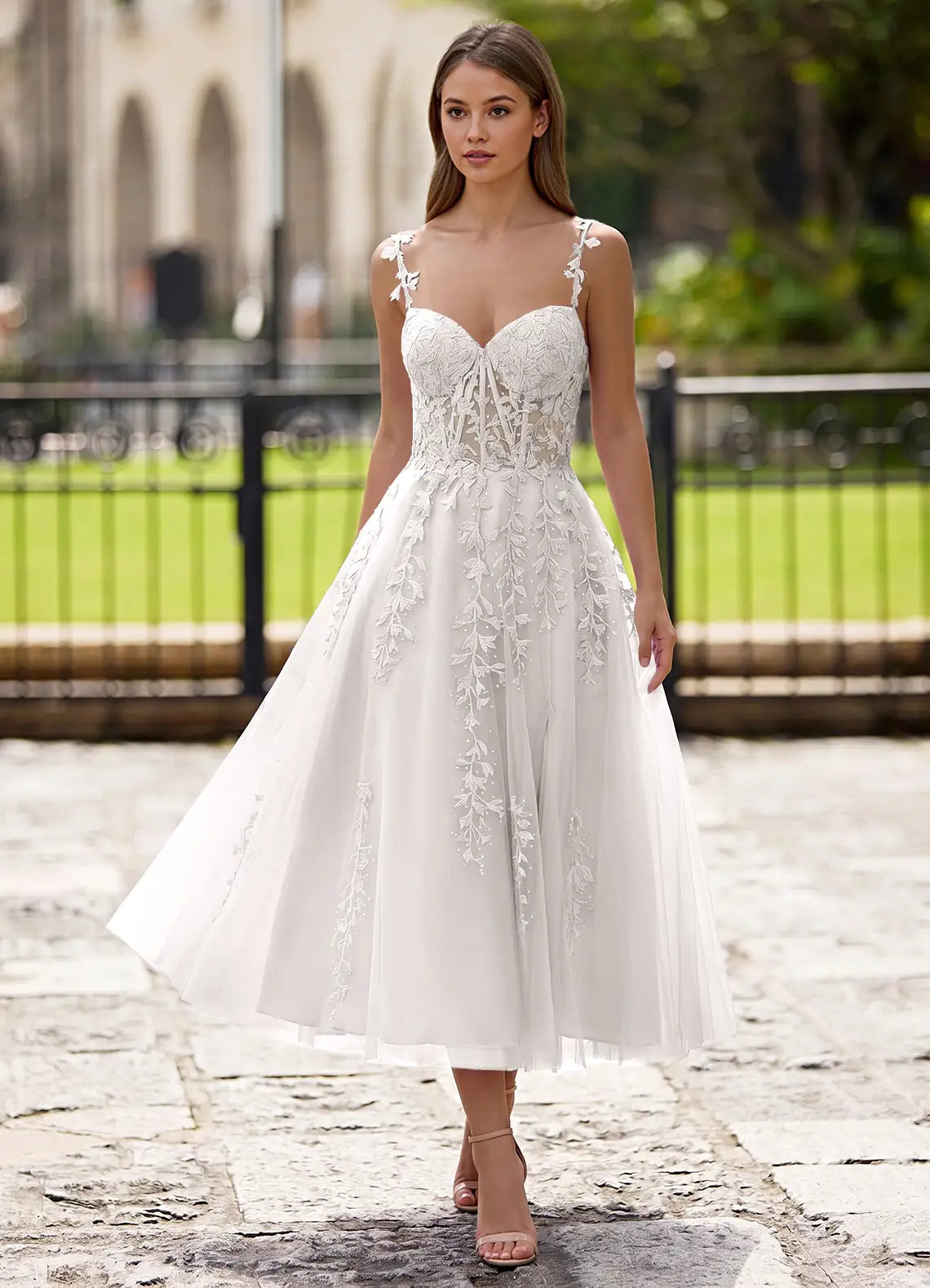 Ivory Tulle A-Line Sweetheart Lace-Up Back Tea-Length Dress - Aabei Dress