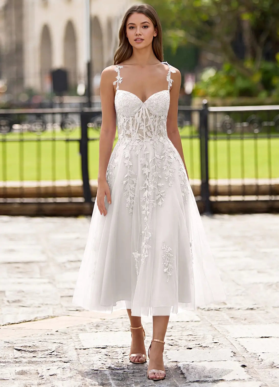 Ivory Tulle A-Line Sweetheart Lace-Up Back Tea-Length Dress - Aabei Dress