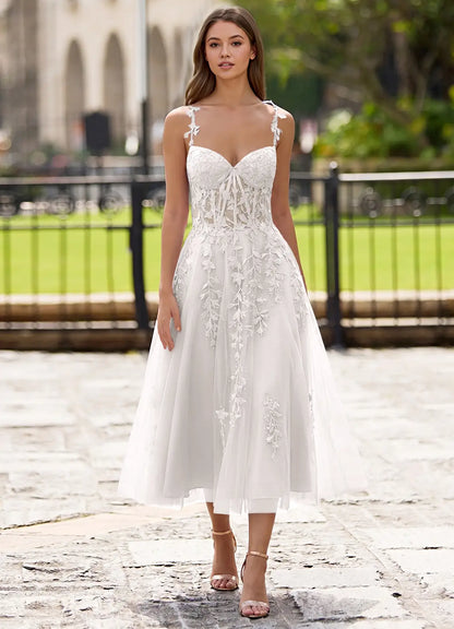 Ivory Tulle A-Line Sweetheart Lace-Up Back Tea-Length Dress - Aabei Dress