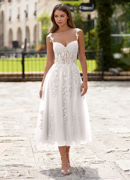 Ivory Tulle A-Line Sweetheart Lace-Up Back Tea-Length Dress - Aabei Dress