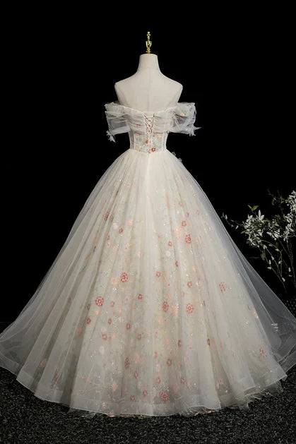 Ivory Tulle Ball Gown Sweetheart Lace-Up Back Floor-Length Dress Back View - Aabei Dress
