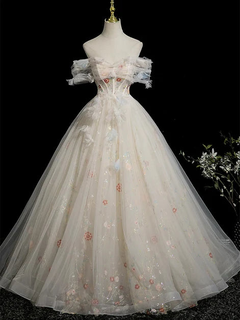 Ivory Tulle Ball Gown Sweetheart Lace-Up Back Floor-Length Dress Front View - Aabei Dress