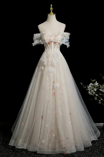 Ivory Tulle Ball Gown Sweetheart Lace-Up Back Floor-Length Dress - Aabei Dress