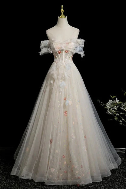 Ivory Tulle Ball Gown Sweetheart Lace-Up Back Floor-Length Dress - Aabei Dress