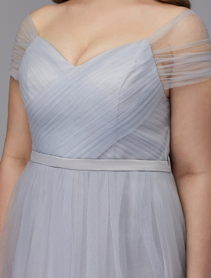 A-Line Elegant Dress Wedding Guest Cocktail Party Tea Length Short Sleeve Off Shoulder Tulle with Sash / Ribbon Cross Evening Dresses