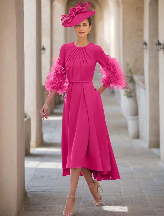 A-Line Elegant Jewel Neck Asymmetrical Stretch Fabric Half Sleeve with Mother of the Bride Dress
