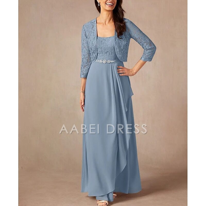 AABEI DRESS Wedding Guest Dress Two Piece A-Line Sweet Crew Neck 3/4 Length Sleeve Floor Length Lace Beading Ruffles Elegant Mother of the Bride Dress