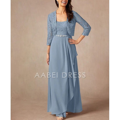 AABEI DRESS Wedding Guest Dress Two Piece A-Line Sweet Crew Neck 3/4 Length Sleeve Floor Length Lace Beading Ruffles Elegant Mother of the Bride Dress