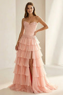 Dreamy strapless sweetheart corset lace waist tiered ruffle high-slit chiffon long prom gown