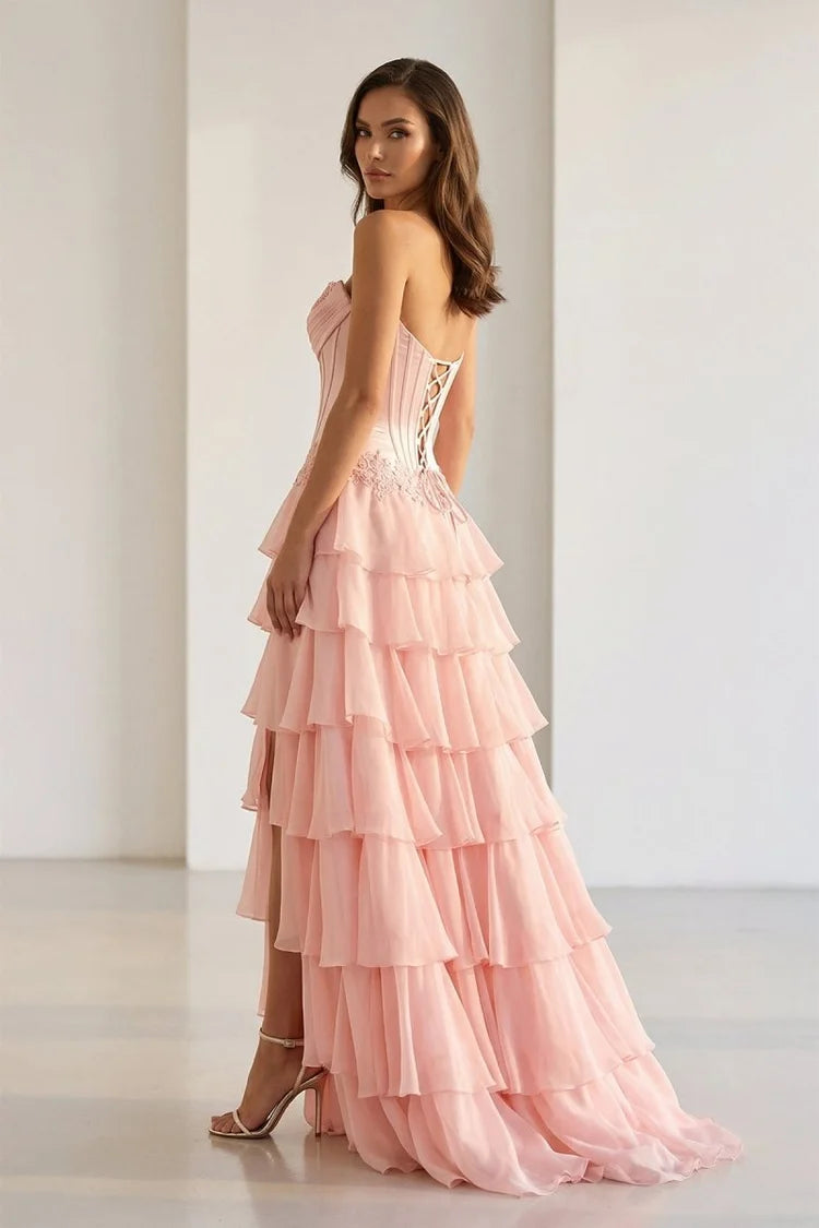 Dreamy strapless sweetheart corset lace waist tiered ruffle high-slit chiffon long prom gown