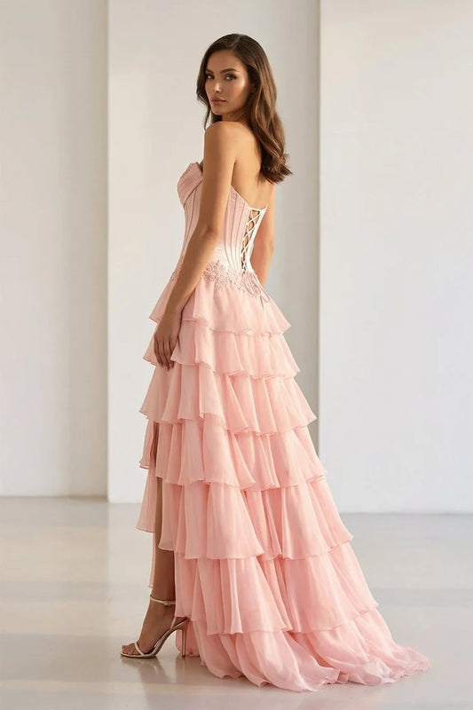 Dreamy strapless sweetheart corset lace waist tiered ruffle high-slit chiffon long prom gown