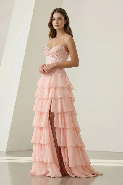 Dreamy strapless sweetheart corset lace waist tiered ruffle high-slit chiffon long prom gown