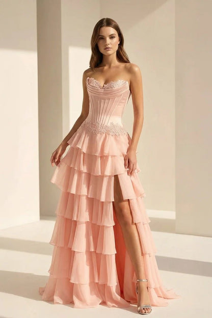 Dreamy strapless sweetheart corset lace waist tiered ruffle high-slit chiffon long prom gown