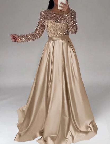 A-Line Evening Gown Sparkle Dress Wedding Black Tie Floor Length Long Sleeve Jewel Neck Satin with Sequin