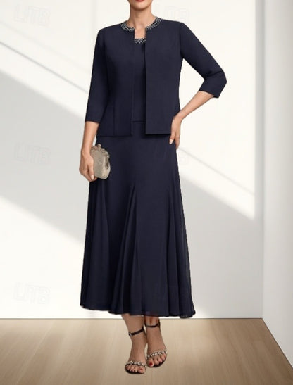 AABEI DRESS Wedding Guest Dress Elegant A-Line Crew Neck Two Piece Tea Length Chiffon 3/4 Length Sleeve with Beading Fashion Mother of the Bride Dress