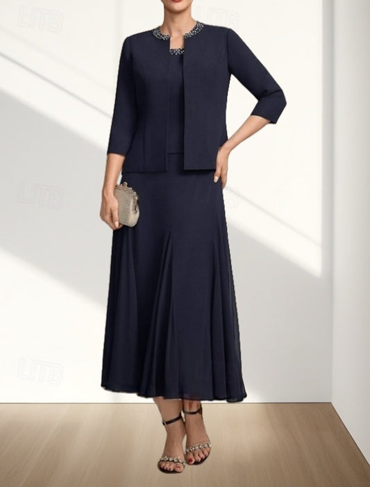 AABEI DRESS Wedding Guest Dress Elegant A-Line Crew Neck Two Piece Tea Length Chiffon 3/4 Length Sleeve with Beading Fashion Mother of the Bride Dress