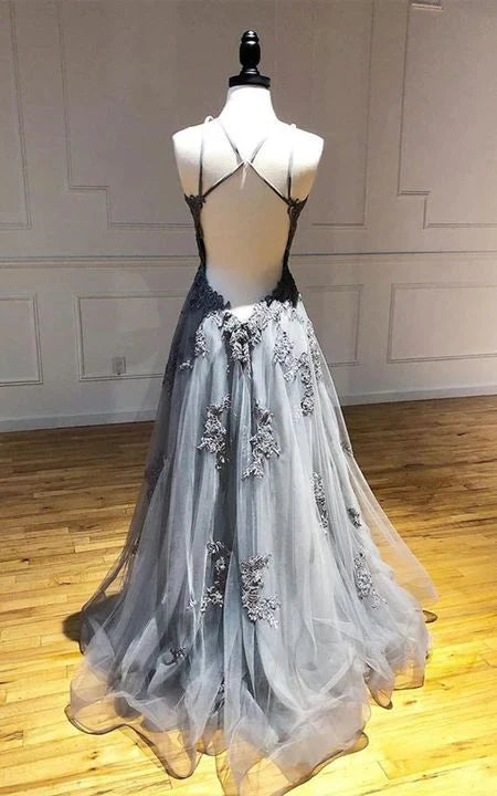 Evening Dresses A Line Lace Tulle Long Backless Elegant Formal Dresses