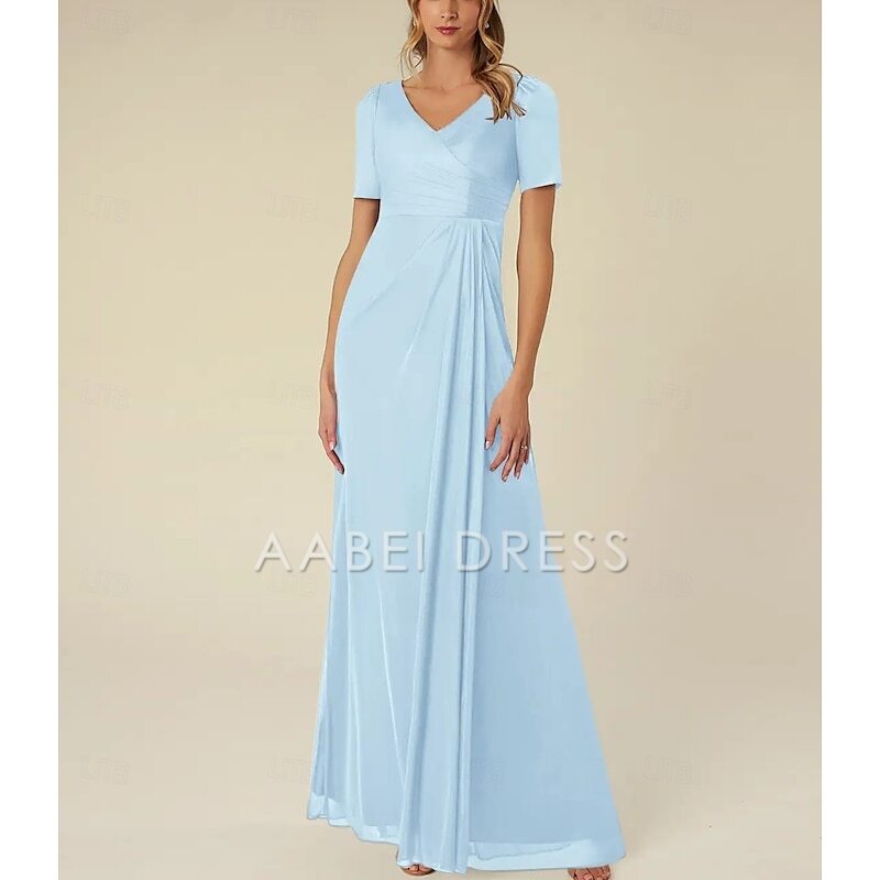 AABEI DRESS Wedding Guest Dress Elegant A-Line V Neck Short Sleeve Floor Length Pleated Simple Mother of the Bride Dress