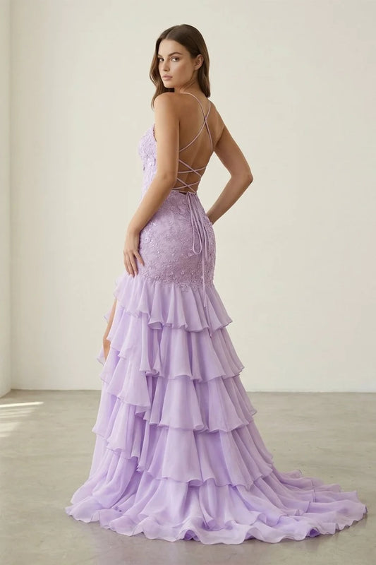 Lavender Spaghetti Strap Mermaid Gown Lace Appliques Tiered Ruffle Slit Lace Up Back Prom Dress