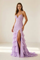 Lavender Spaghetti Strap Mermaid Gown Lace Appliques Tiered Ruffle Slit Lace Up Back Prom Dress