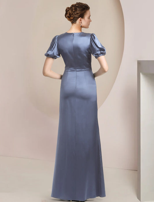 A-Line Mother of the Bride Dress Formal Wedding Guest Party Elegant V Neck Sweep / Brush Train Satin Short Sleeve with Cascading Ruffles