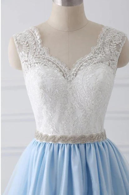 Light Blue Tulle A Line Prom Dress White Lace V Neck Bodice With Train