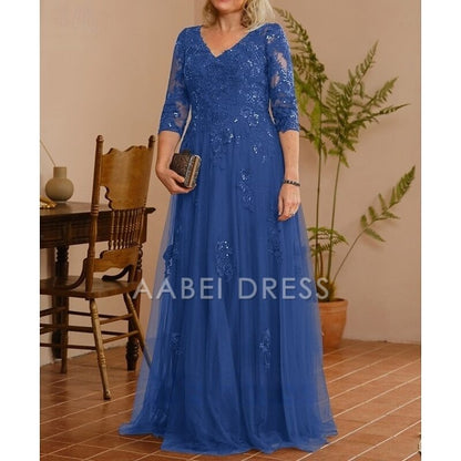 AABEI DRESS Wedding Guest Dress Elegant A-Line V Neck 3/4 Length Sleeve Floor Length Lace Applique Tulle Sparkle Mother of the Bride Dress