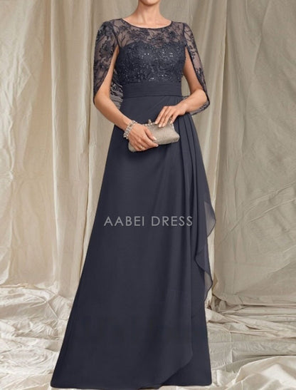 AABEI DRESS Wedding Guest Dress Elegant A-Line Crew Neck Lace Short Sleeve Ruching Floor Length Fashion Mother of the Bride Dress