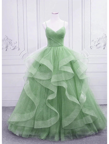 Ball Gown Prom Dresses Glittering Dress Formal Floor Length Sleeveless V Neck Tulle with Glitter Ruffles