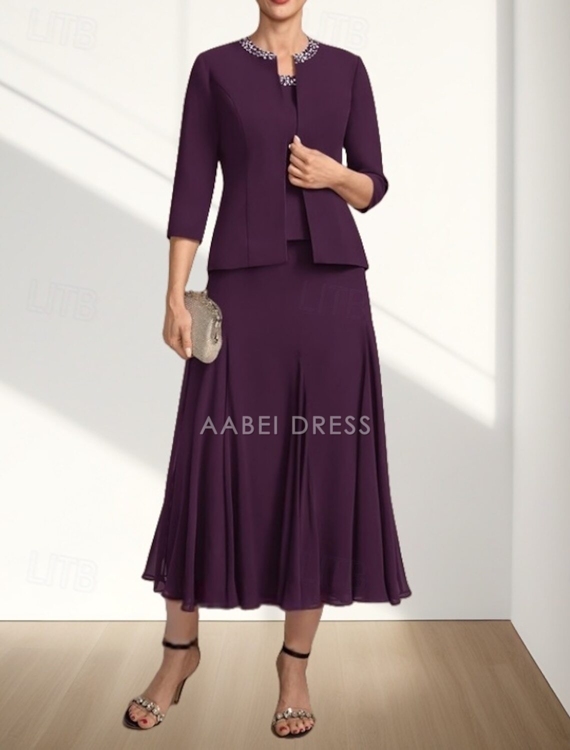 AABEI DRESS Wedding Guest Dress Elegant A-Line Crew Neck Two Piece Tea Length Chiffon 3/4 Length Sleeve with Beading Fashion Mother of the Bride Dress