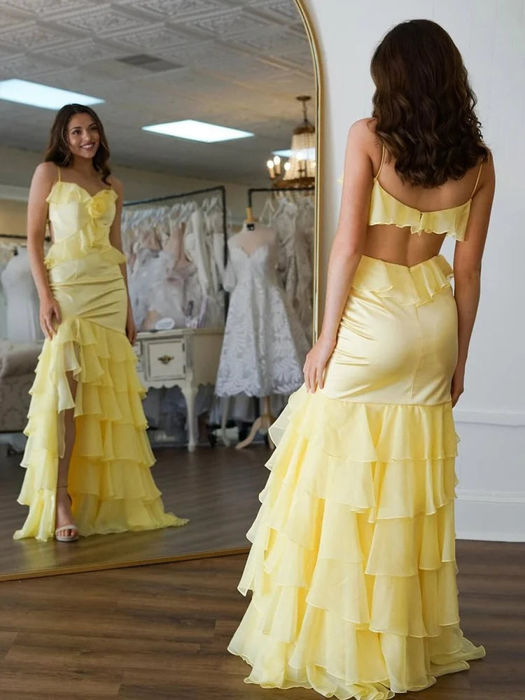Yellow Spaghetti Strap Mermaid Prom Dress 3D Flower Tiered Ruffle Open Back Gown