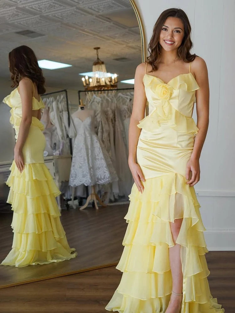 Yellow Spaghetti Strap Mermaid Prom Dress 3D Flower Tiered Ruffle Open Back Gown