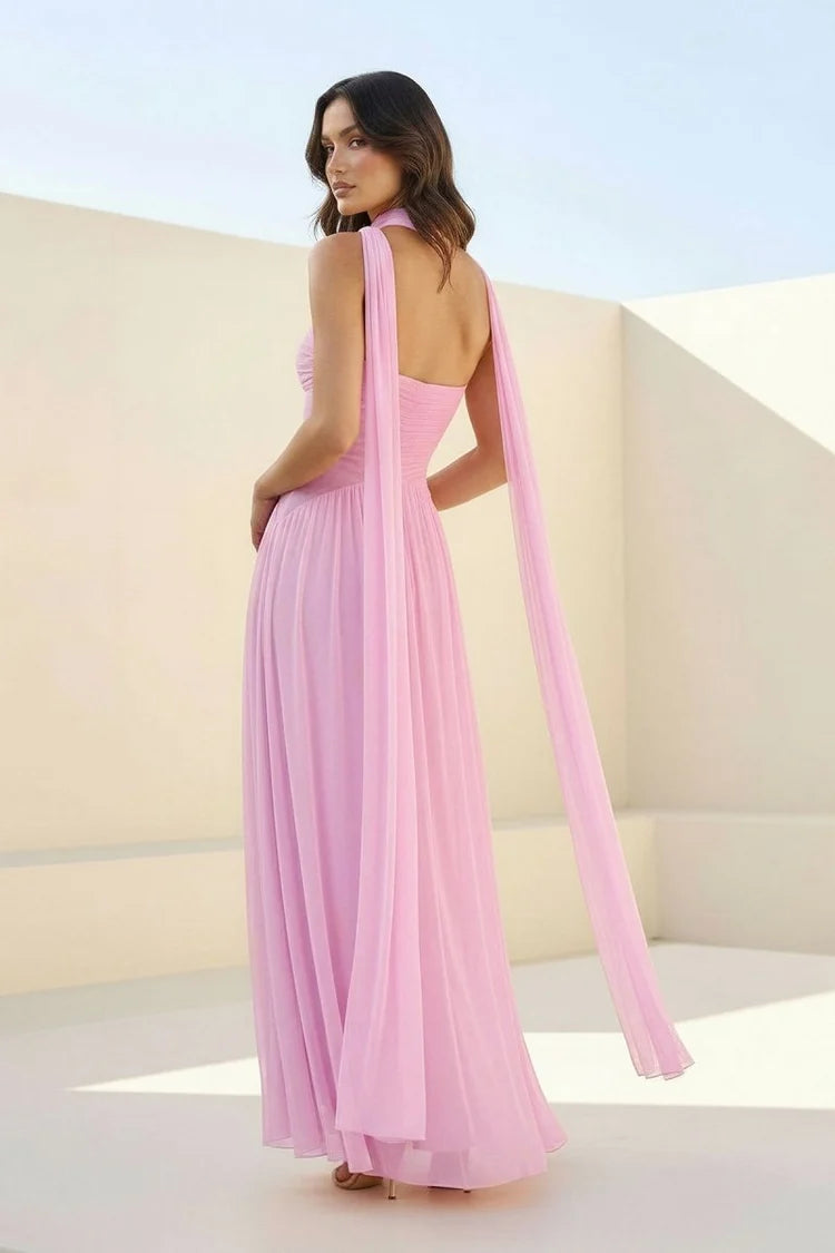 Blush Pink Strapless Chiffon Maxi Gown Twist Front Detachable Scarf Bridesmaid Dress