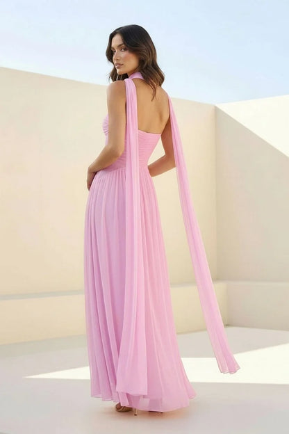 Blush Pink Strapless Chiffon Maxi Gown Twist Front Detachable Scarf Bridesmaid Dress