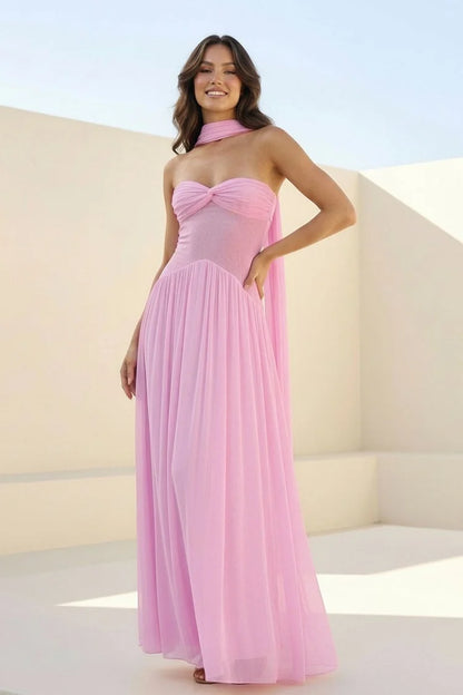 Blush Pink Strapless Chiffon Maxi Gown Twist Front Detachable Scarf Bridesmaid Dress