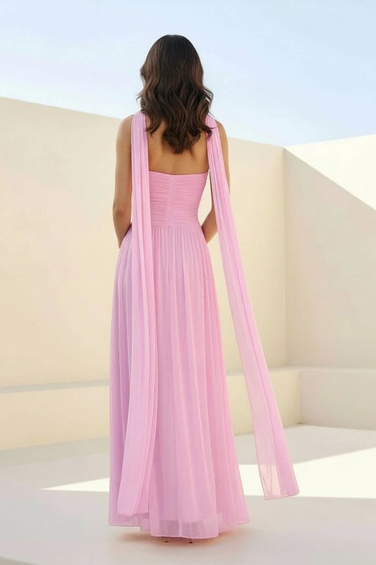 Blush Pink Strapless Chiffon Maxi Gown Twist Front Detachable Scarf Bridesmaid Dress