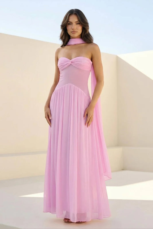 Blush Pink Strapless Chiffon Maxi Gown Twist Front Detachable Scarf Bridesmaid Dress