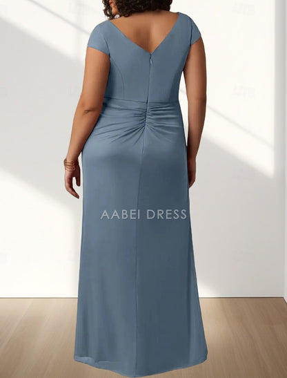 AABEI DRESS Wedding Guest Dress Elegant Mermaid V Neck Short Sleeve Pleats Split Curve Front Ruching Floor Length Plus Size Mother of the Bride Dress