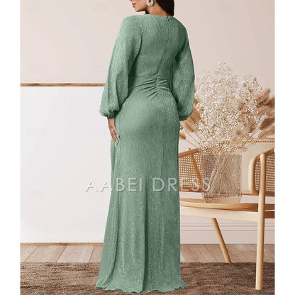 AABEI DRESS Wedding Guest Dress Elegant A-Line V Neck Sweet Floor Length Chiffon Long Sleeve with Ruffles Mother of the Bride Dress